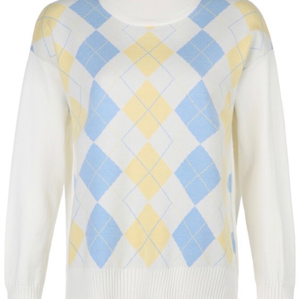 White sweater with blue and yellow argyle